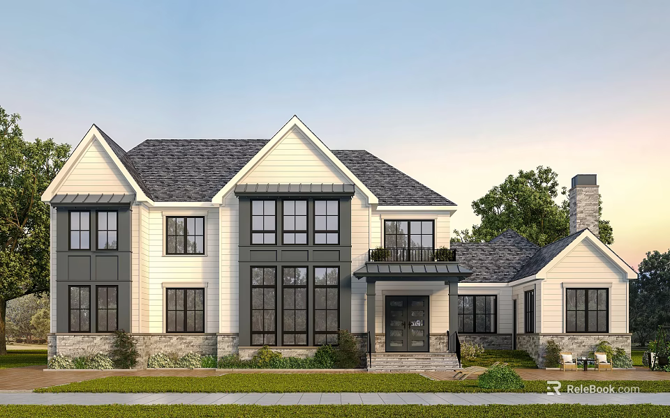 Classic Single Family House Exterior With White Walls Black Windows Gray Roof And Green Lawn 3d model 