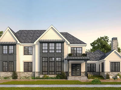 Classic Single Family House Exterior With White Walls Black Windows Gray Roof And Green Lawn 3d model