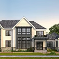 Classic Single Family House Exterior With White Walls Black Windows Gray Roof And Green Lawn
