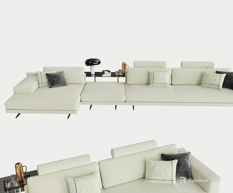 Modern Beige Sectional Sofa With Plush Pillows Side Table And Decor Accents 3d model