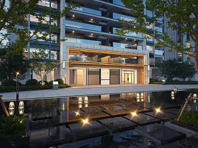 Modern Residential Building Exterior With Glass Facade Water Pool And Landscape Lighting 3d model