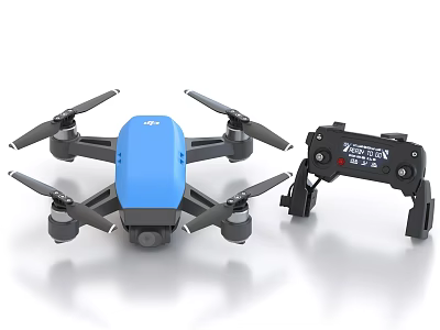 Blue Drone Quadcopter With Black Remote Controller And Control Buttons 3d model