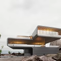 Modern Detached Villa In Desert Landscape With Rock Cactus And Water Feature
