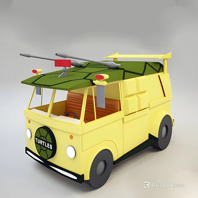 Turtles Building Blocks Yellow Van With Green Leaf Roof Red Lights And Toy Weapons 3d model 