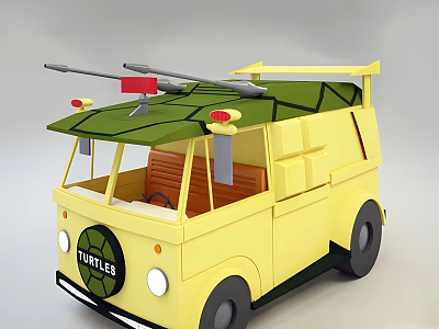 Turtles Building Blocks Yellow Van With Green Leaf Roof Red Lights And Toy Weapons 3d model