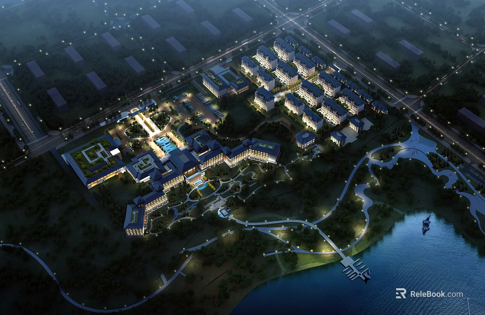 Aerial View Planning of Modern Residential Complex With Green Spaces And Waterfront 3d model 