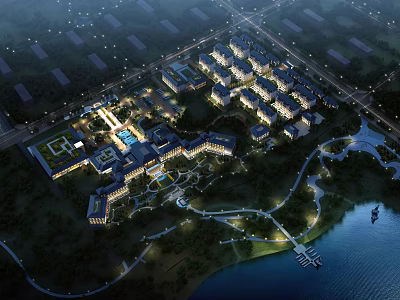 Aerial View Planning of Modern Residential Complex With Green Spaces And Waterfront 3d model