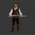 Red haired man in white shirt brown vest black pants brown boots holding long gun
