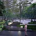 Serene Residential Landscape With Lush Trees Green Lawn Central Fountain And White Walls