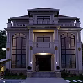 Elegant Two Story White Detached Villa Exterior With Large Windows Garden And Pool