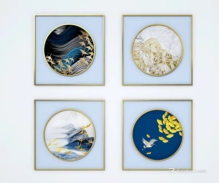 Abstract Wall Art Paintings with Golden Frames Birds and Natural Elements 3d model 