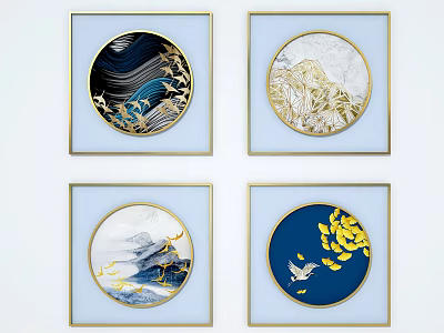 Abstract Wall Art Paintings with Golden Frames Birds and Natural Elements 3d model