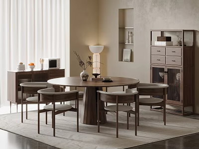 Modern Wooden Round Dining Table Set With Four Chairs Side Cabinet Display Shelf And Lamp 3d model