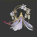 Elegant Character in Purple Gown with Pink Hair Green Dragon Creature Blue Flowers Golden Ring Lantern