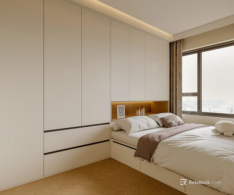Modern Tatami Bedroom Interior Design With White Wardrobes Wooden Headboard Window And Light Wooden Flooring 3d model 