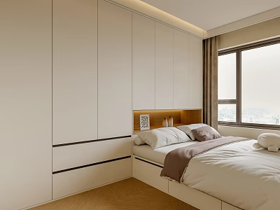 Modern Tatami Bedroom Interior Design With White Wardrobes Wooden Headboard Window And Light Wooden Flooring 3d model