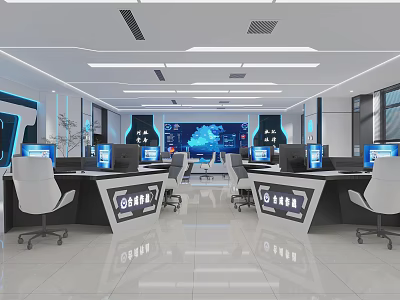 High Tech Security Control Room With Multiple Computer Monitors Workstations And Modern Lighting 3d model