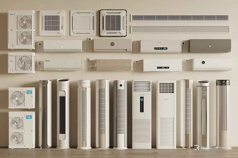 Various Air Conditioner Fans Including Wall Mounted And Floor Standing Designs 3d model 