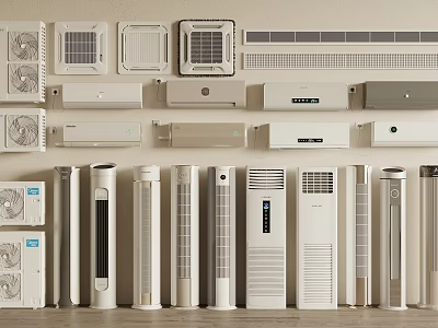 Various Air Conditioner Fans Including Wall Mounted And Floor Standing Designs 3d model