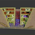 Modern Art Installation Featuring Brick Wall Structure Iron Gate And Layered Bookshelves Filled With Books