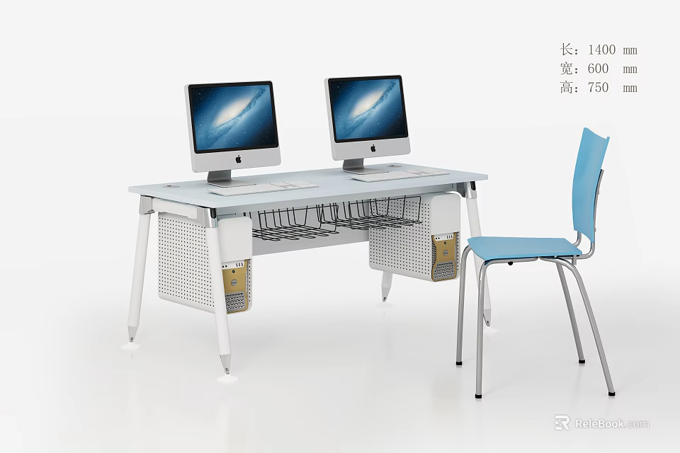 Modern Work Desk With Two Computer Monitors Blue Chair And Metal Frame 3d model 