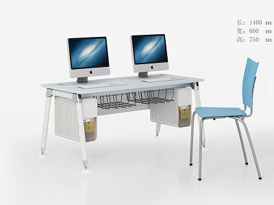 Modern Work Desk With Two Computer Monitors Blue Chair And Metal Frame 3d model