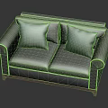 Modern Brown Leather Two Seater Sofa with Blue Cushions and Wooden Legs