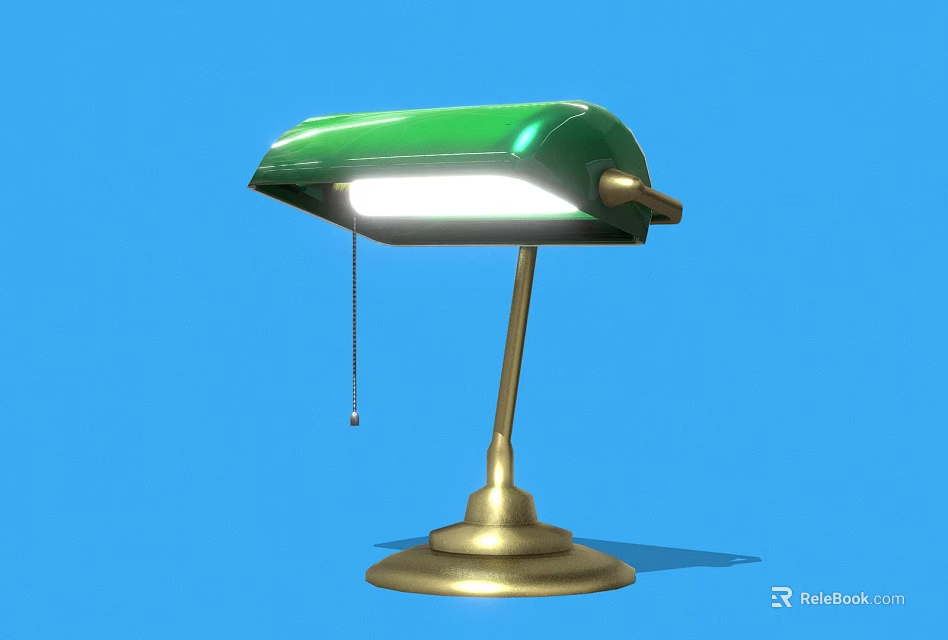 Vintage Desk Lamp With Green Shade Gold Base And Chain Switch On Blue Background 3d model 