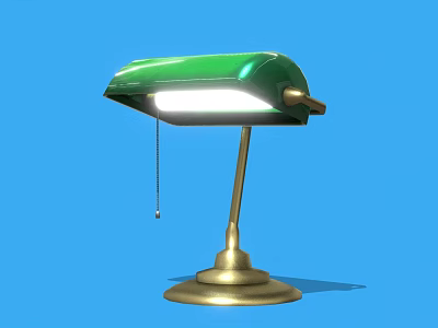 Vintage Desk Lamp With Green Shade Gold Base And Chain Switch On Blue Background 3d model