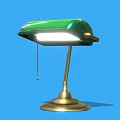 Vintage Desk Lamp With Green Shade Gold Base And Chain Switch On Blue Background