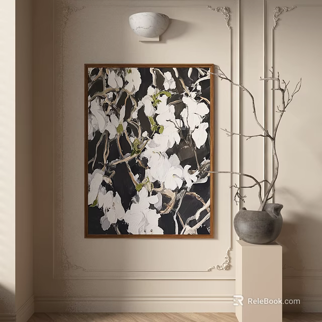 Abstract Painting With White Flowers And Branches On Black Background In Brown Frame And Grey Vase 3d model 