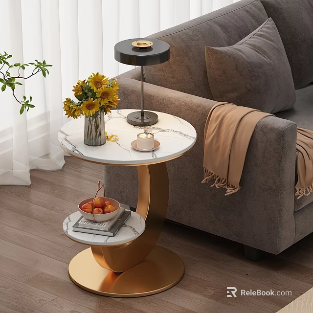 Modern Living Room Side Table With Marble Top Golden Base Sunflower Vase And Fruit Bowl 3d model 
