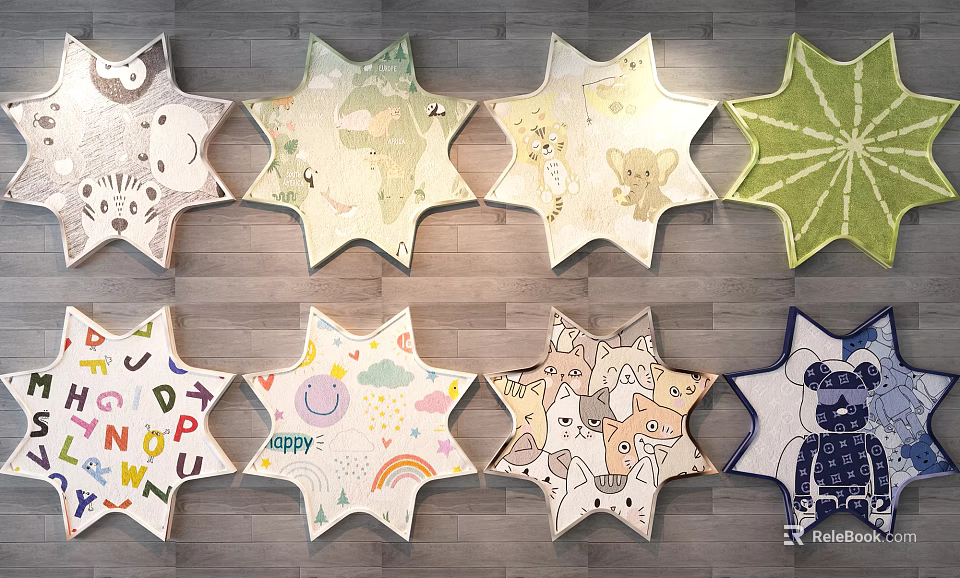 Star Shaped Kids Rugs With Cartoon Animal Letter Rainbow Smiley Patterns On Wooden Background 3d model 