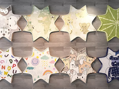 Star Shaped Kids Rugs With Cartoon Animal Letter Rainbow Smiley Patterns On Wooden Background 3d model