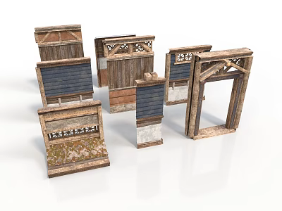 Ancient Building Components With Wooden Stone Carved Panels And Decorative Frames 3d model