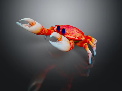 Red Crab With White Claws And Blue Eyes On Reflective Surface 3d model