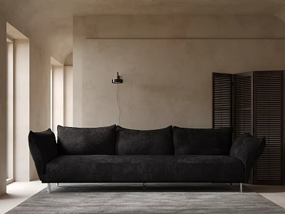 Black Multi Seat Sofa In Minimalist Space With Beige Walls Gray Rug And Natural Light 3d model
