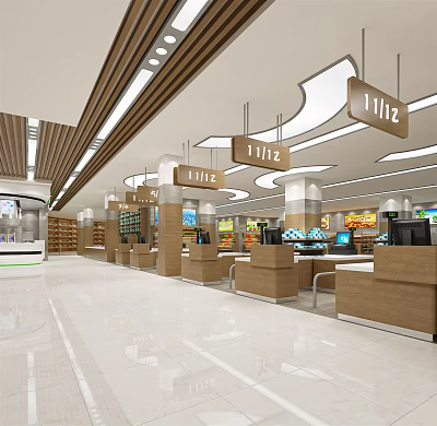 Modern Supermarket Department Store Interior With Spacious Shelves Hanging Signs And Bright Lighting 3d model