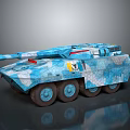 Modern Blue Camouflage Tank With Six Wheels Patterns Emblems And Modern Design