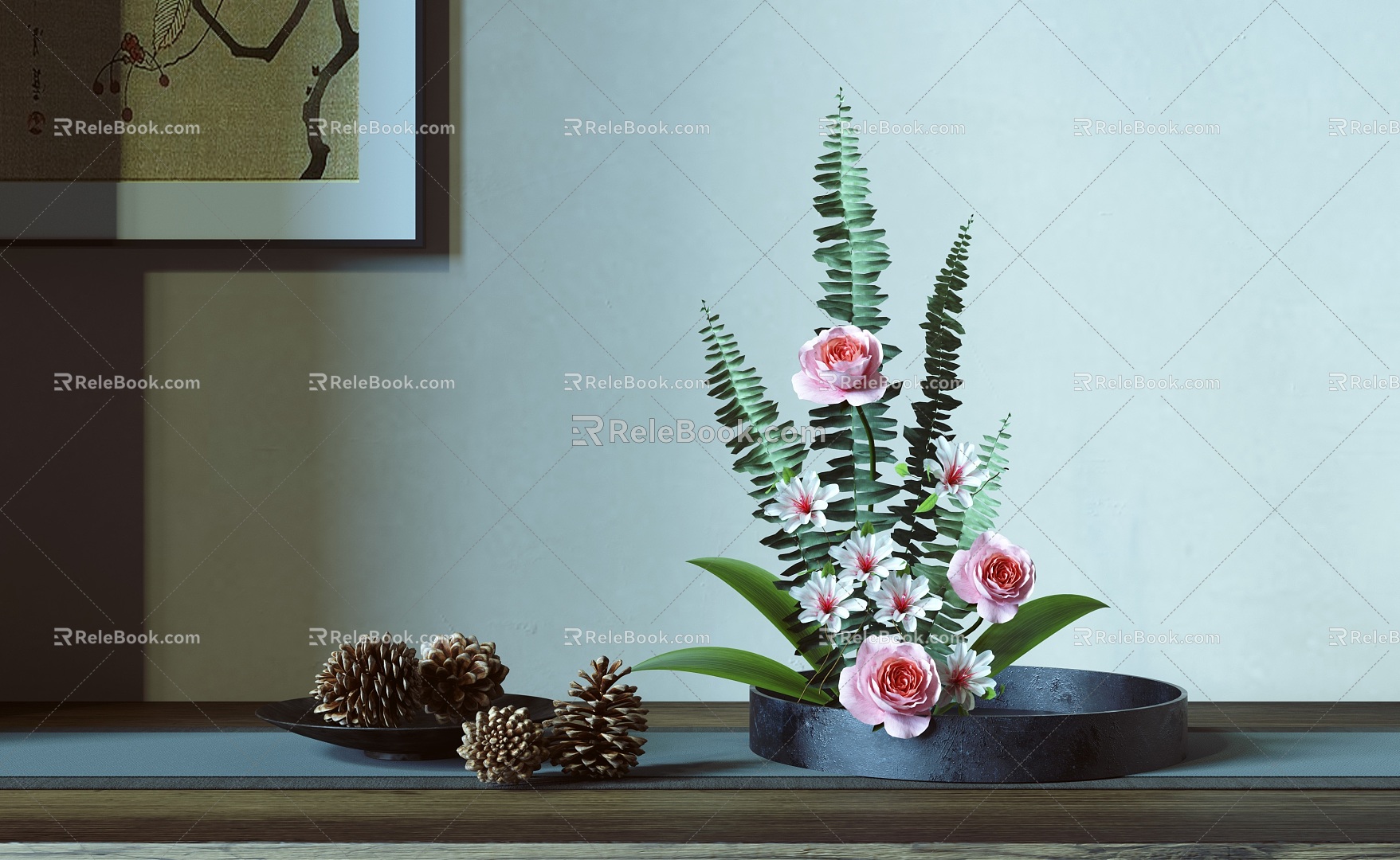 New Chinese Style Flower-arranging Ornaments Combination Japanese Style Flower-arranging Pine Pine Kidney Fern Flower Artwork 3d model