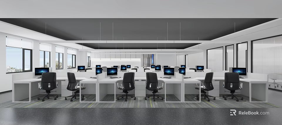 Modern Office Workspace With Open Layout Multiple Workstations Ergonomic Chairs And Computer Monitors 3d model