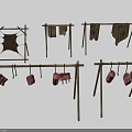 Ancient Scene With Wooden Racks Drying Cloths And Meat Chunks 3d model