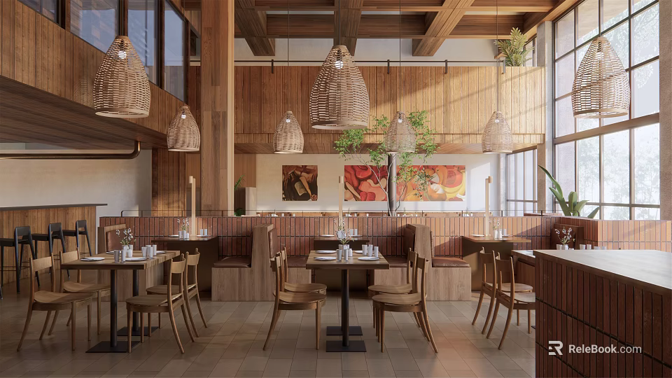 Cozy Restaurant Interior With Wooden Beams Rattan Pendant Lights Natural Light And Art Paintings 3d model 