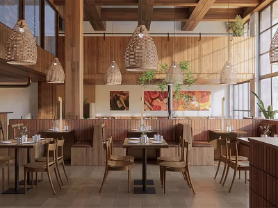 Cozy Restaurant Interior With Wooden Beams Rattan Pendant Lights Natural Light And Art Paintings 3d model