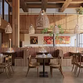 Cozy Restaurant Interior With Wooden Beams Rattan Pendant Lights Natural Light And Art Paintings