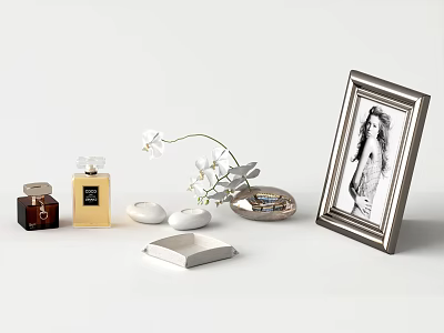 Minimalist Daily Life Items Arrangement With Perfume Bottles Orchid Tray And Picture Frame 3d model