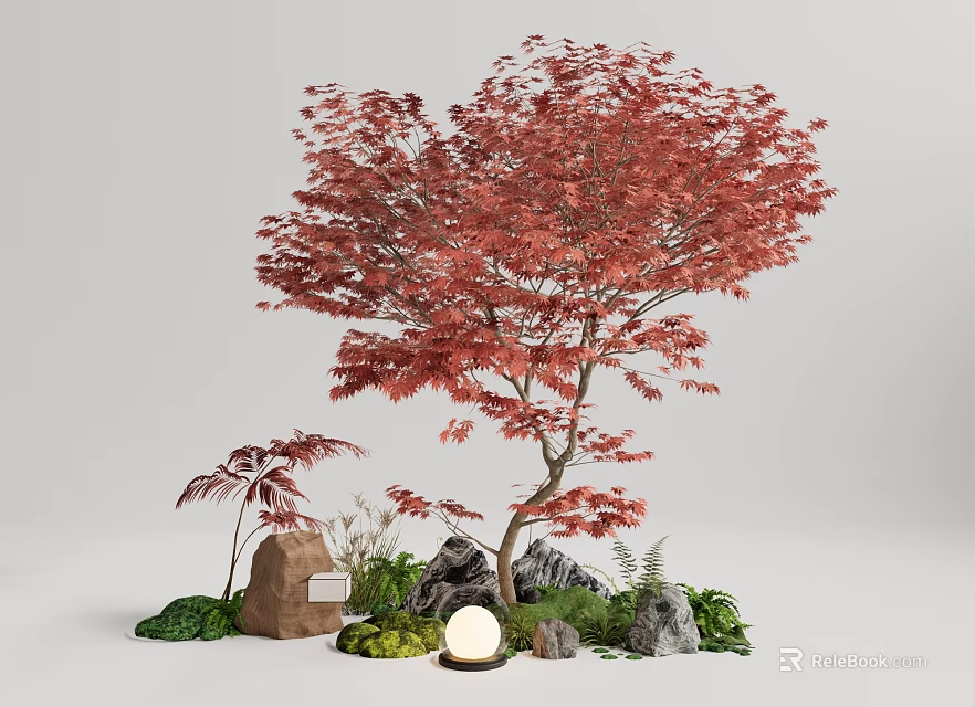 Natural Garden Ornament Featuring Red Maple Tree Small Palm Tree Stones Green Plants And Lamp 3d model 