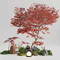 Natural Garden Ornament Featuring Red Maple Tree Small Palm Tree Stones Green Plants And Lamp