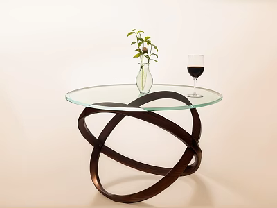 Unique Intertwined Dark Metal Base Coffee Table With Round Glass Top Clear Vase Green Plant 3d model