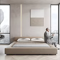 Modern Beige Double Bed In Bedroom With Two Pillows Chandelier And Large Windows